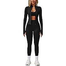 Amazon.com: ABOCIW Workout Sets for Women 3 Piece Zipper Long Sleeve Jacket with Thumb Holes V Ne... | Amazon (US)
