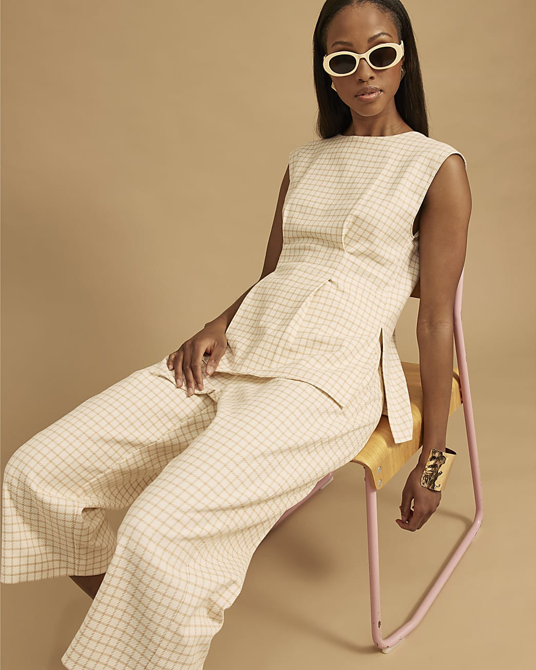 Cream Checked Wide Leg Cropped Trousers | River Island UK & IE