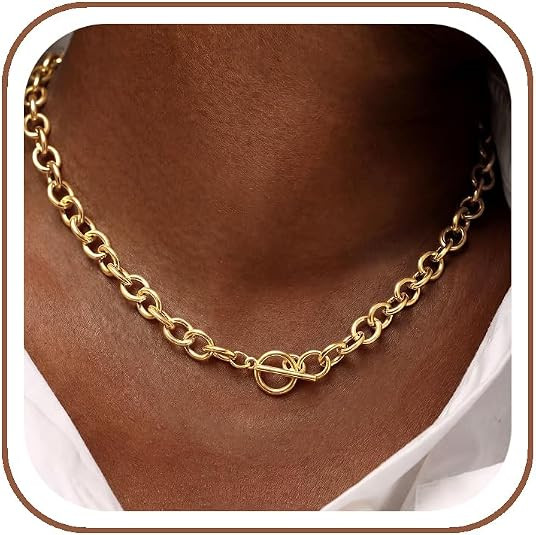 CHESKY 14K Gold Plated Chunky Necklace for Women, Trendy Paperclip Choker Necklace Statement Cros... | Amazon (US)