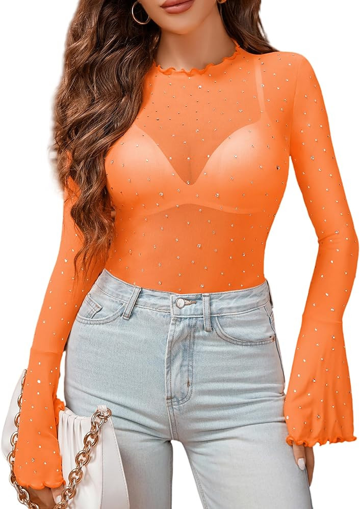 Avidlove Women Mesh Tops Rhinestone Tops Long Bell Sleeve Blouses Glitter Shirts Sexy Clubwear Ou... | Amazon (US)