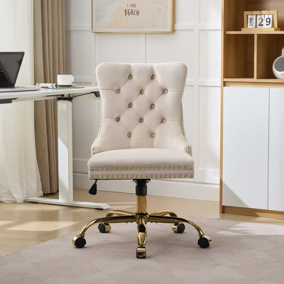 PAGED Adjustable Height Office Chair, Modern Velvet Swivel Vanity Chair with Metal Base, Button Tufted Computer Chair for Office, Beige | Target