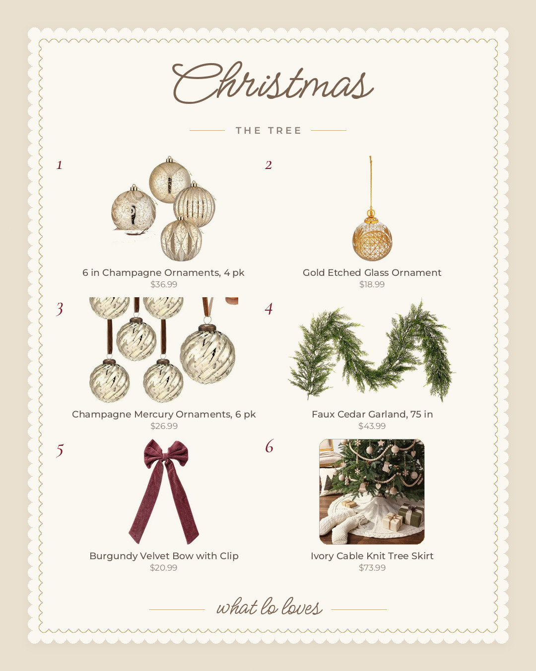 the tree direction this year: big champagne ornaments, velvet bows, fresh cedar garland and a chunky ivory knit skirt 🤍 classic, cozy, and a little bit ralph lauren. neutral christmas tree decor ideas 

 #ltkholiday #ltkhome #ltkseasonal #LTKSeasonal #LTKHome