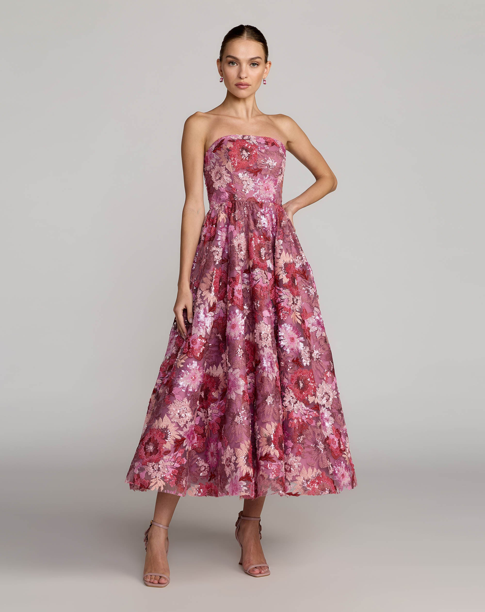 Purple Floral Sequin Strapless Midi Dress | Mac Duggal | Mac Duggal