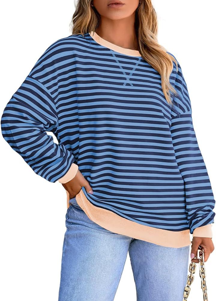 Eytino Women Plus Size Striped Color Block Crewneck Sweatshirt(1X-5X) | Amazon (US)
