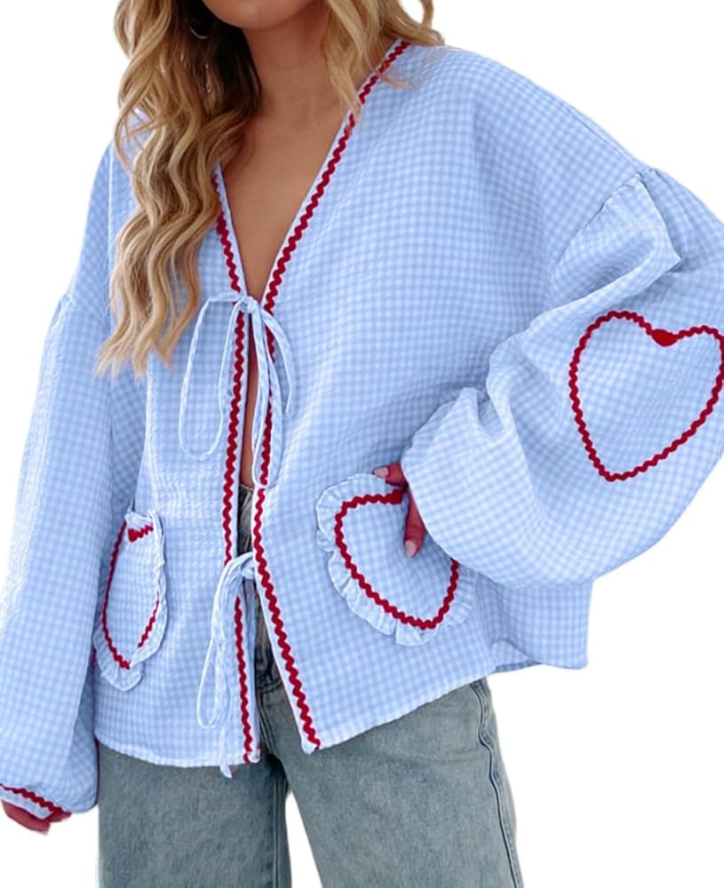 Women Cute Bow Tie Front Shirts Long Puff Sleeve Heart Embroidery Plaid Babydoll Tops Aesthetic S... | Amazon (US)