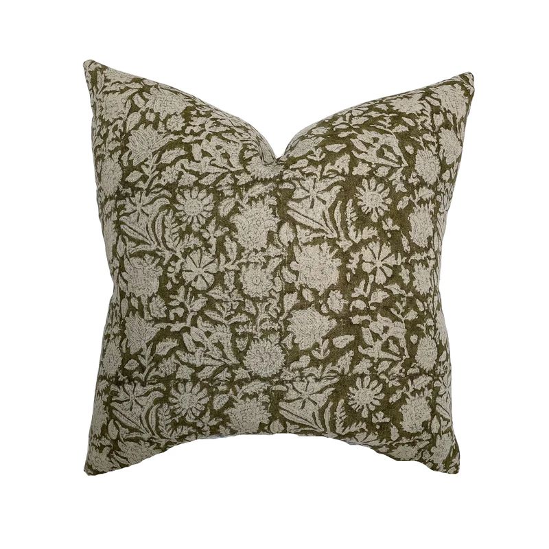 Sienna | Dark Olive Floral Handblock Pillow Cover | Linen & James