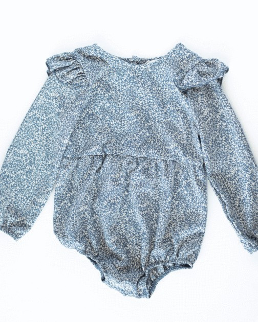 Rhodes Bubble Shorty Romper - Blue & White Vines | Bailey's Blossoms