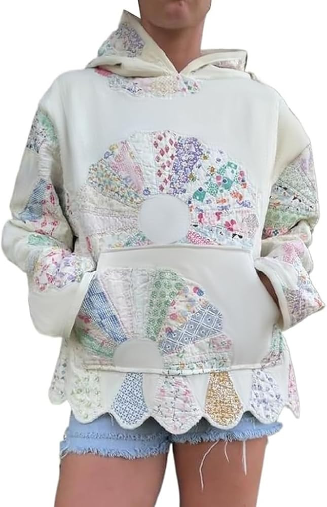 Kawaii Oversized Hoodie for Women Graphic Cute Flower Hem Hoodie Y2k Aesthetic Puffer Pullover Jacket with Pocket | Amazon (US)