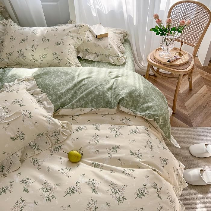 mixinni Reversible Green Floral Duvet Cover Set King Size - 100% Cotton Botanical Bedding Set wit... | Amazon (US)