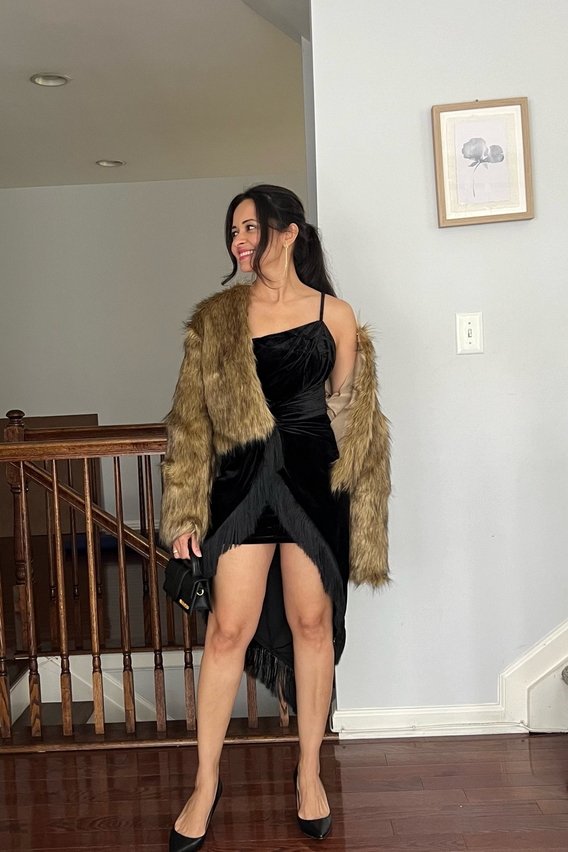 Faux fur jacket 
Fall jacket 
Black dress 
LBD 
Fall outfit 
Fall party outfit 
Cocktail dress 

#LTKHoliday #LTKfindsunder100 #LTKstyletip