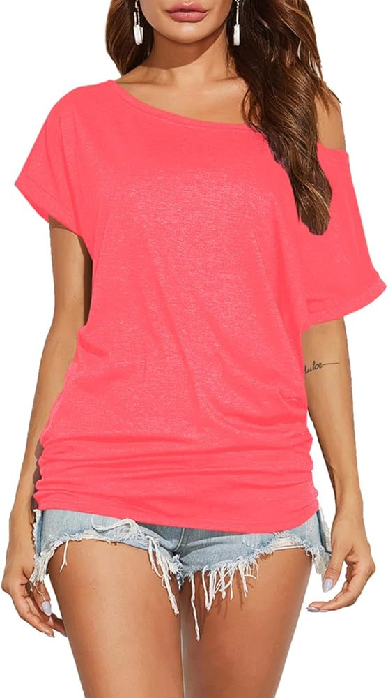 Poetsky Women's Summer Off Shoulder Shirts Casual Loose Short Sleeve Tunics Tops | Amazon (US)
