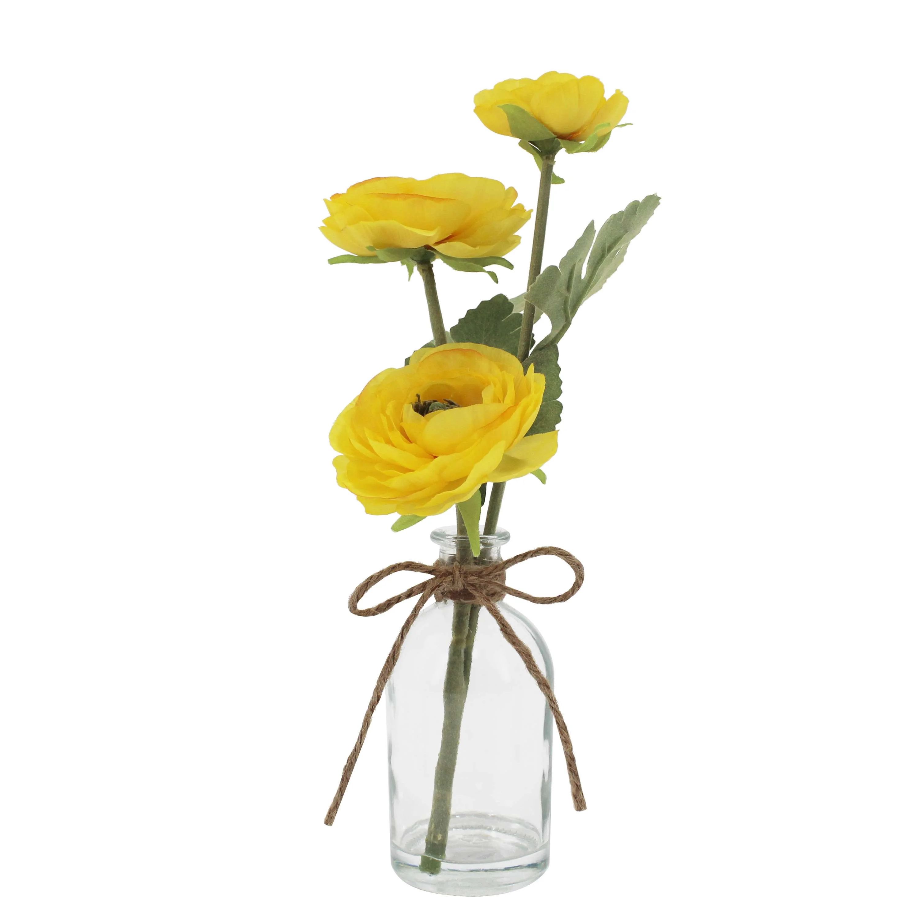 Mainstays 11.5" Artificial Silk Yellow Flower in Clear Glass Bottle | Walmart (US)