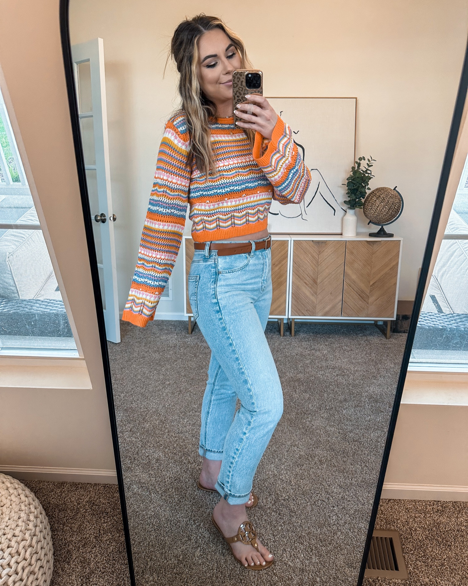 Spring Summer outfit ideas! Loving this one 😍 Colorful boho knit crop sweater, skinny brown belt, light wash mom jeans with no distressing 

Top: M TTS 
Jeans: 6 TTS some stretch 
Sandals: 8.5 size up half a size 



#LTKstyletip #LTKFind