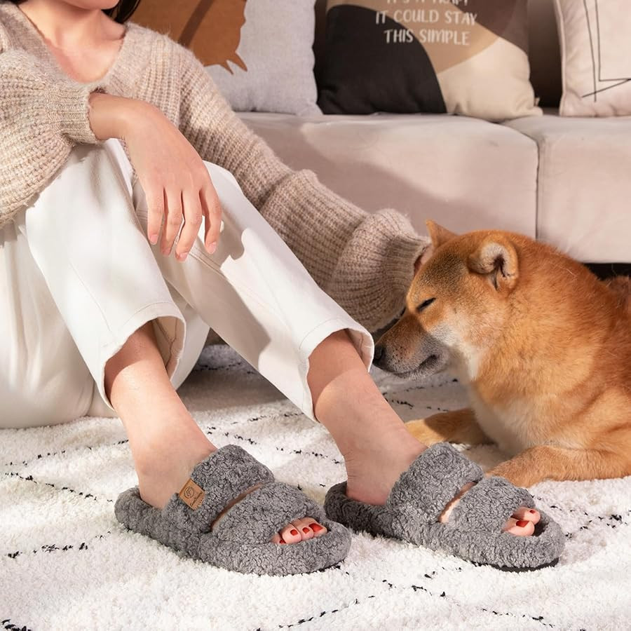 EverFoams Womens Fuzzy Open-toe Slippers Soft Comfy Memory Foam Indoor House Shoes | Amazon (US)