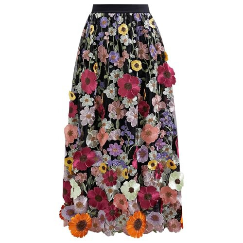 CHICWISH Women 3D Floral Applique Embroidery Maxi Skirt Elastic High Waist A-Line Garden Party Mesh Tulle Skirt Black | Amazon (US)