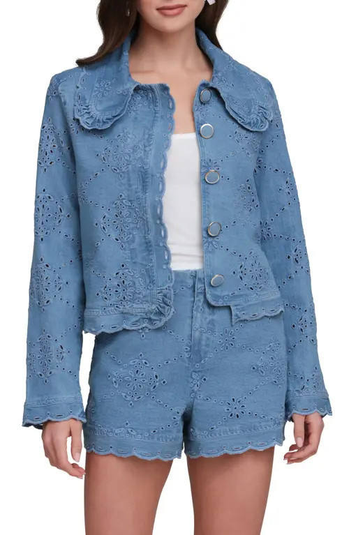 Avec Les Filles Crop Stretch Cotton Eyelet Jacket in Sea Blue Wash at Nordstrom, Size Small | Nordstrom