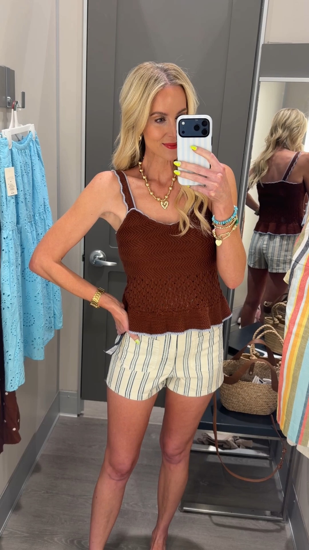 Target crochet tank top and striped shorts