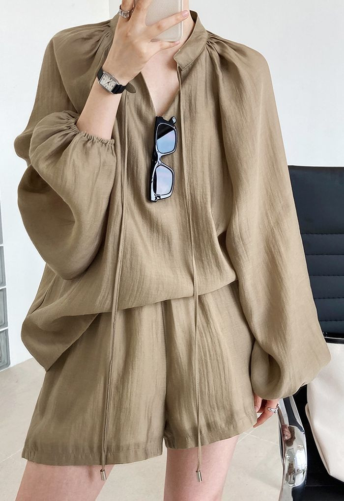 Athleisure Puff Sleeve Shirt and Flare Shorts Set in Khaki | Chicwish