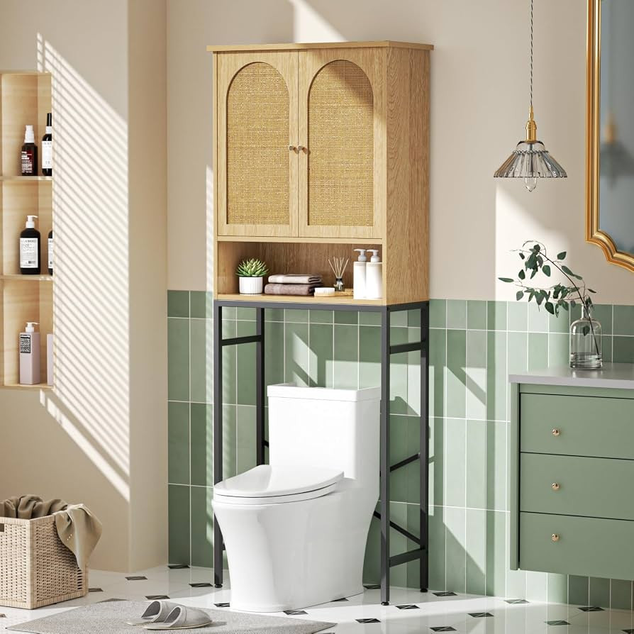 Rattan Toilet Storage Cabinet, Over the Rack Wood Cabinet with Metal Stand, Bathroom Organizer wi... | Amazon (US)