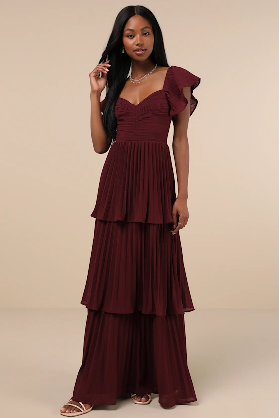Notorious Charm Plum Purple Pleated Flutter Sleeve Maxi Dress | Lulus