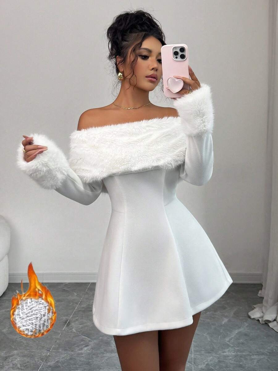 Elenzga Women's Elegant Fox Decor Off Shoulder Cinched Waist Long Sleeve Dress, Autumn/Winter | SHEIN