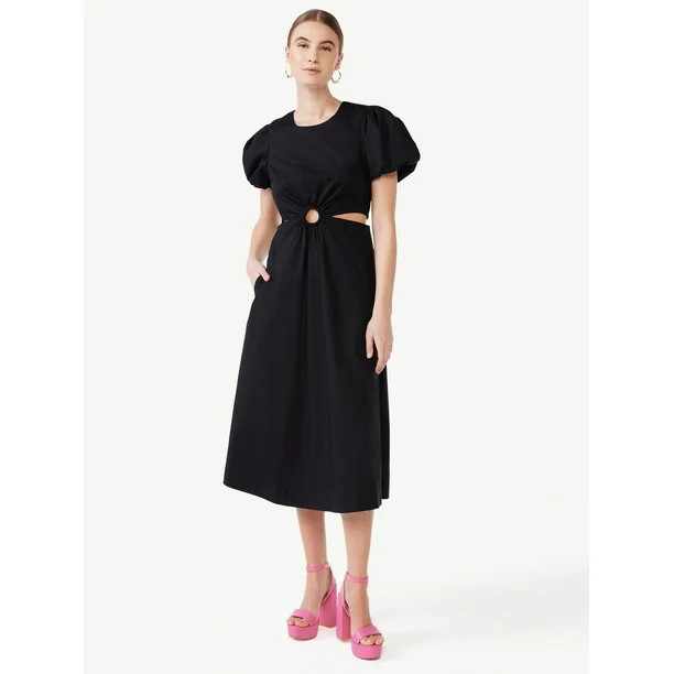 Scoop Women's Cut Out Midi Dress with Puff Sleeves, Sizes XS-XXL | Walmart (US)
