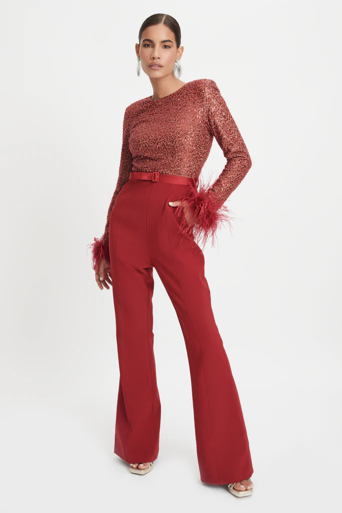 ISABEL Beaded And Sequin Tailored Jumpsuit In Burgundy | Lavish Alice