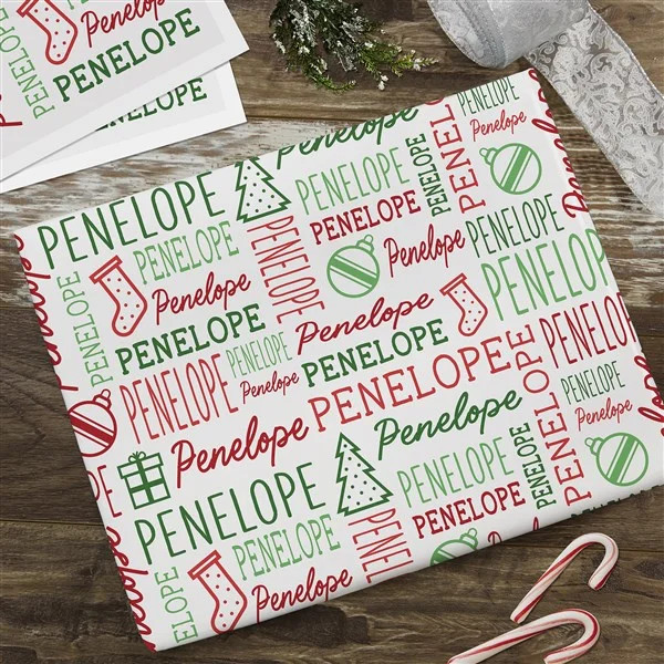Holiday Repeating Name Personalized Wrapping Paper Sheets - Set of 3 | Personalization Mall