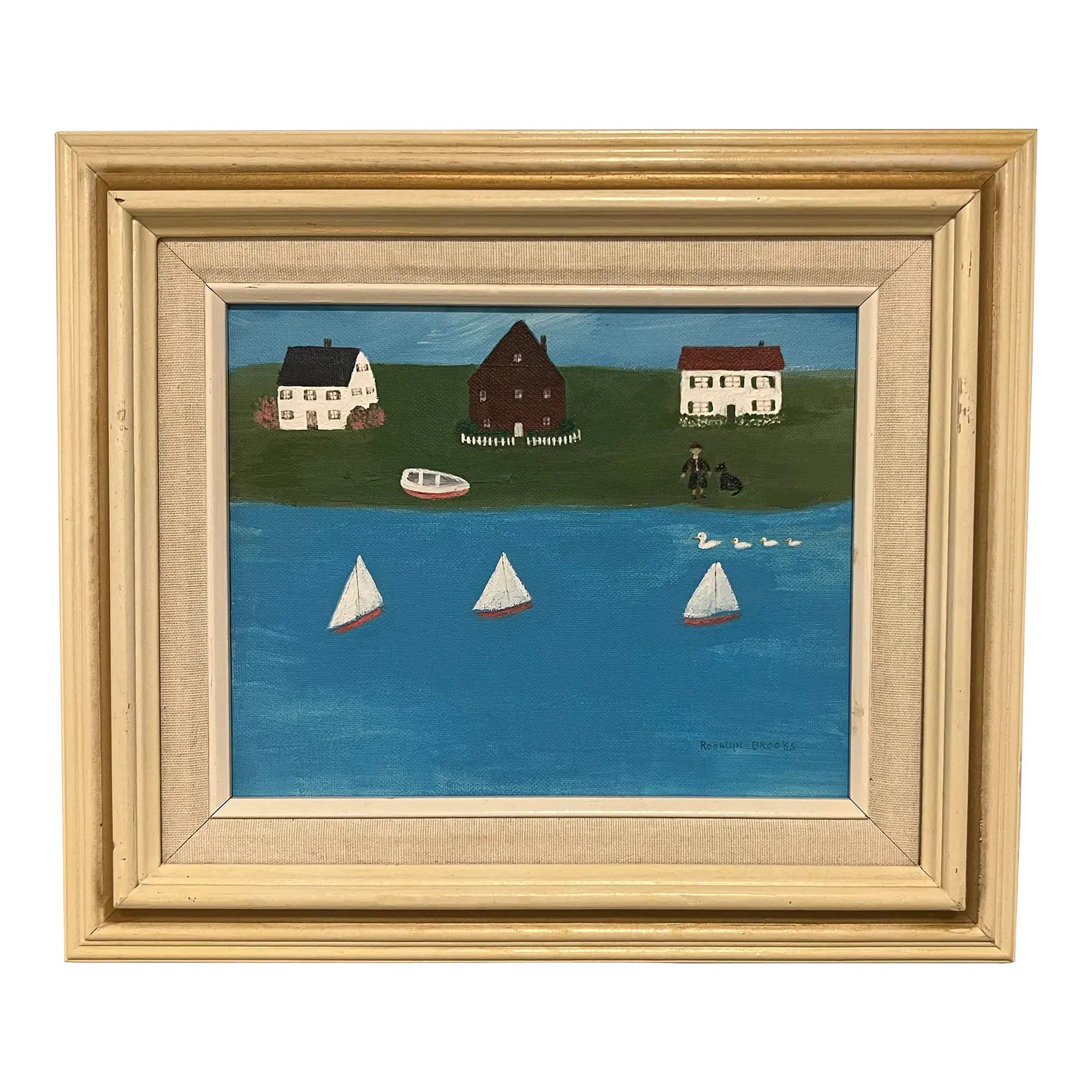 Rosalyn Brooks (1924-2019), Folk Art Coastal Painting, Signed | Chairish