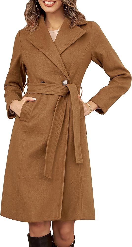 Women's Notched Lapel Double Breasted Pea Coat Mid-Long Wool Blend Over Coats with Belt | Amazon (US)