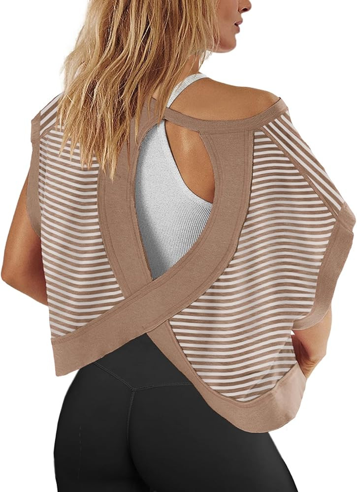 Panadila Womens Open Back Workout Top Oversized Workout T Shirts Backless Athletic Shirt Short Sl... | Amazon (US)