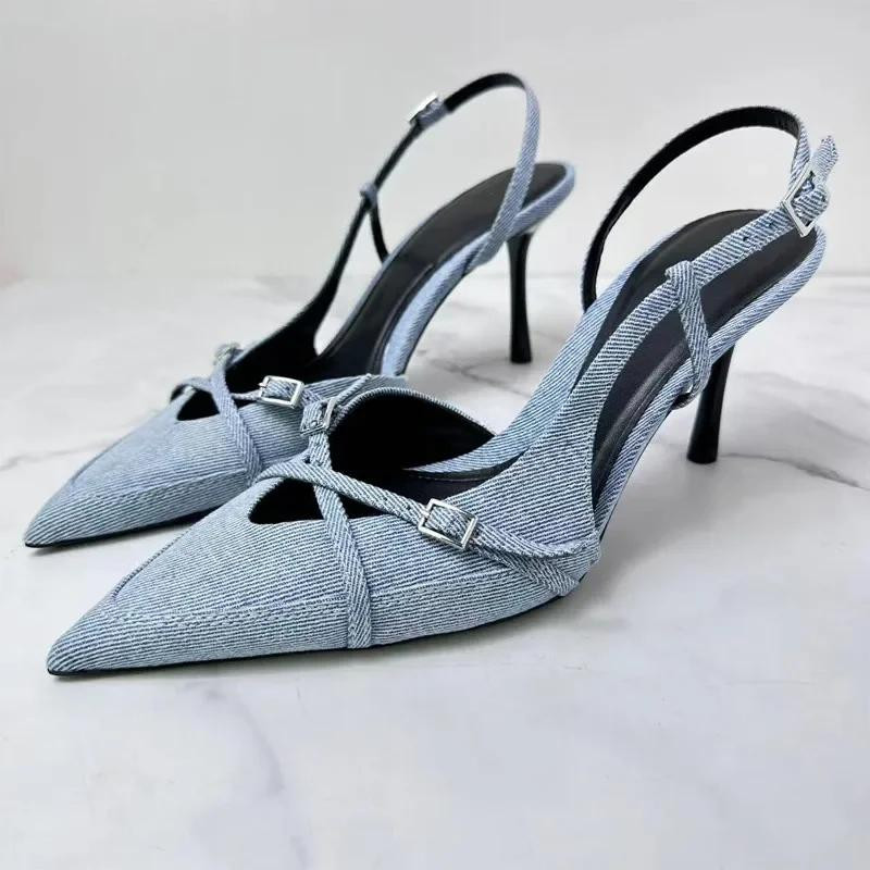 2024 Sommer Frauen Cowboy Blau High Heels Pumps Stiletto Sexy Frau Sandalen Mode Slingback Spitze... | Joom