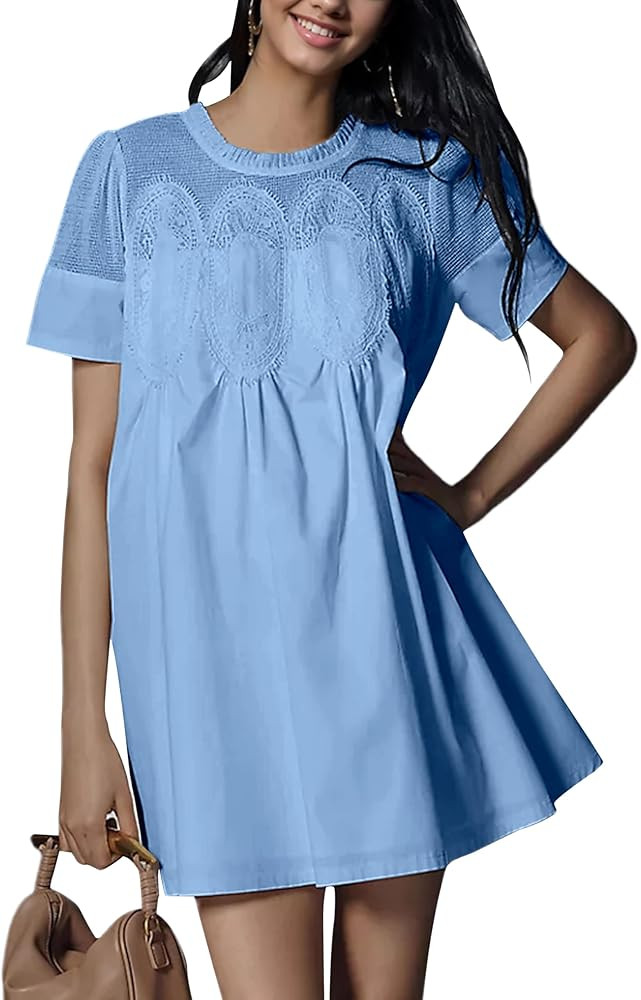 Womens Summer Lace Mini Babydoll Dress Ruffled Collar Short Sleeve Loose Mesh Swing Elegant Flare... | Amazon (US)