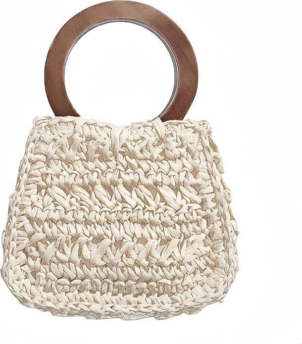 Straw Handbag for Women, Wooden Handle Woven Straw Beach Bag, Summer Vacation Mini Tote，Clutch ... | Amazon (US)