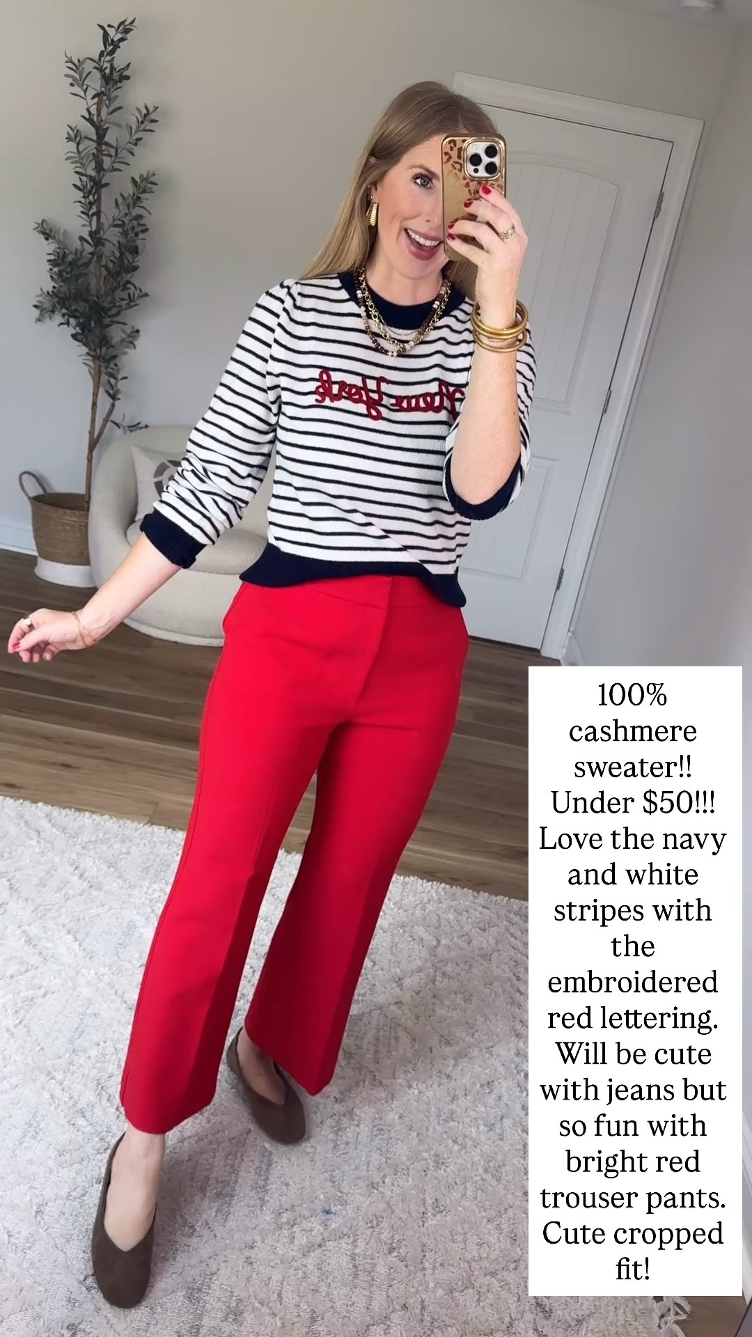 100% cashmere sweater and red workwear pants from Walmart

#LTKootd
