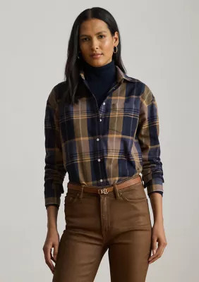 Lauren Ralph Lauren Women's Relaxed Fit Plaid Cotton Twill Shirt, Blue, Large | Belk