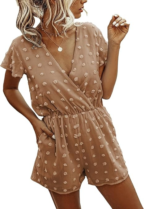 BTFBM Women Fashion Wrap V-Neck Swiss Dot Print Soft Short Sleeve Elastic Waist Plain Summer Shor... | Amazon (US)