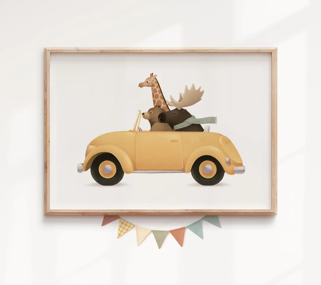 Woodland Animal Nursery Print – Moose, Bear & Giraffe in Yellow Car, Kid's Room Decor | Etsy (US)