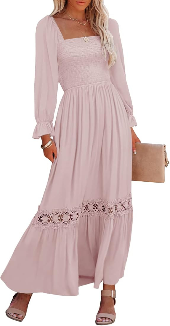 Ferlema Womens Boho Square Neck Ruffle Long Sleeve Lace Trim Casual A Line Flowy Long Maxi Dress ... | Amazon (US)