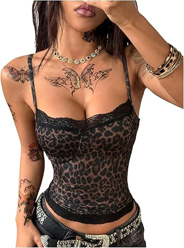 Women's Cheetah Lace Camisole Spaghetti Strap Slim Fit Cropped Tops Summer Aesthetic Y2k Tops | Amazon (US)