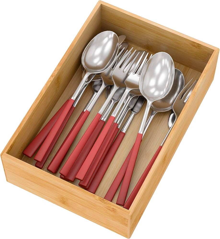 Bamboo Kitchen Drawer Organizer, Wooden Storage Box for Utensil Organizer Silverware Tray Cutlery... | Amazon (US)