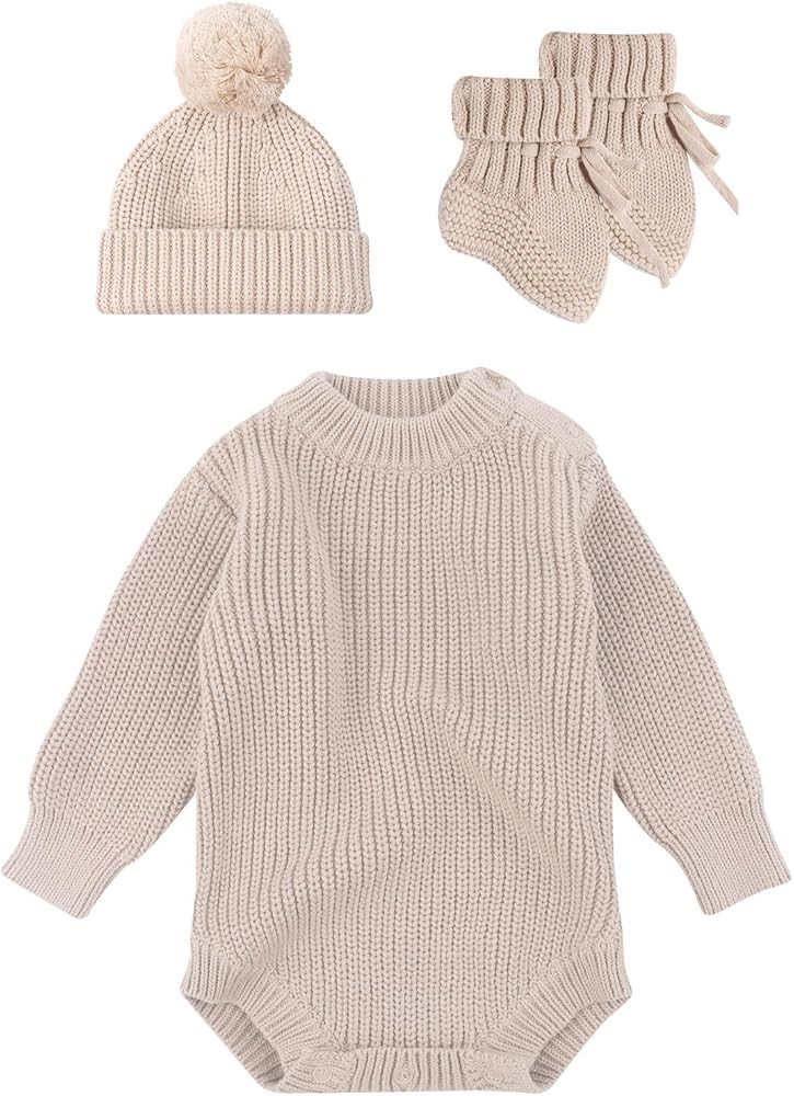 3Pcs Set Baby Jumpsuit Comfortable Newborns Romper Long Sleeve With Bonnet Hat And Knit Socks For... | Amazon (US)