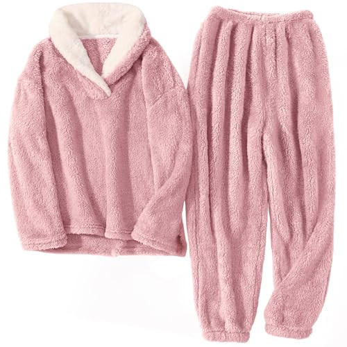 HEEKPEK Women's Fluffy Loungewear - Warm Fleece Pajamas Sets Soft Comfy Fuzzy Lounge Sets Winter Casual Long Sleeve Sleepwear(Pink,L) | Amazon (US)