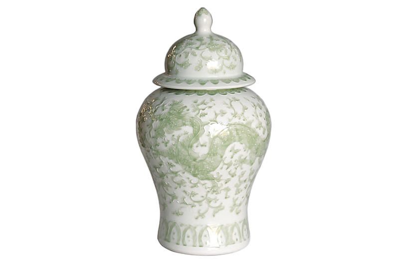 21" Dragon Lotus Temple Jar, Green/White | One Kings Lane