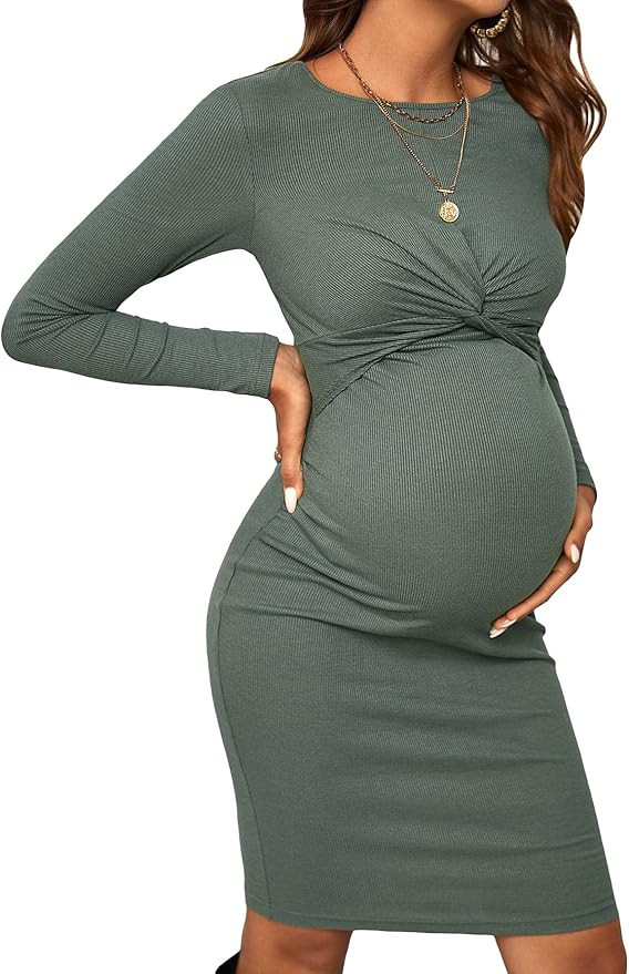 Verdusa Women's Maternity Twist Front Long Sleeve Round Neck Bodycon Dress | Amazon (US)