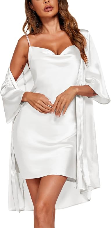 Ekouaer Women's Satin Robe Set Nightgown with Robes Silk Pajama Set 2 Pieces Lingerie Cowl Neck C... | Amazon (US)
