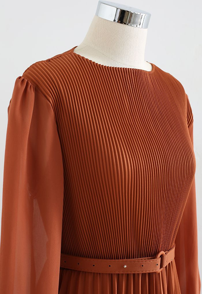 Full Pleated Belted Maxi Dress in Pumpkin | Chicwish
