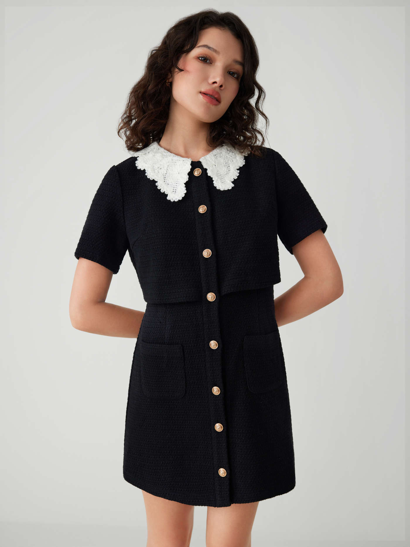 Tweed Collar Solid Lace Mini Dress | Cider