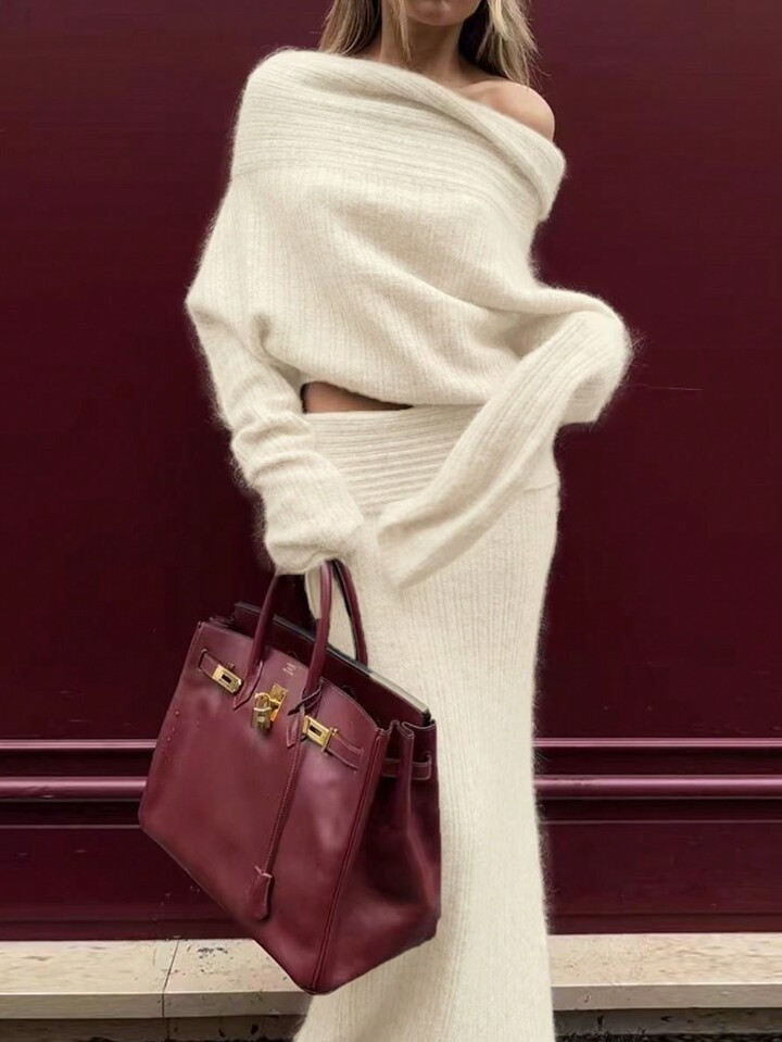 INAWLY 2pcs Women Casual Solid Color Off-Shoulder Loose Pullover Sweater And Sweater Skirt Set | SHEIN