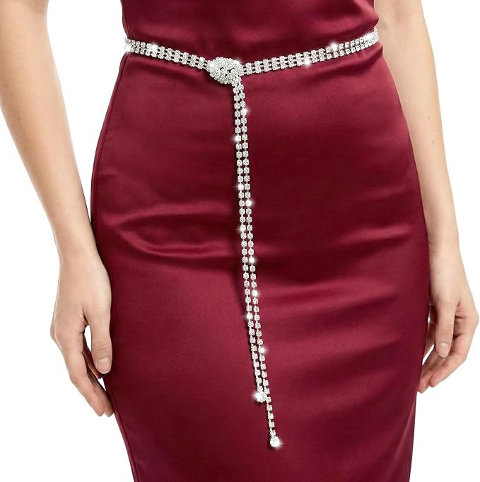 Silver Waist Belt, Women Rhinestone Crystal Chain Belt, Adjustable Sequin Sparkly Waist Accessory... | Amazon (US)